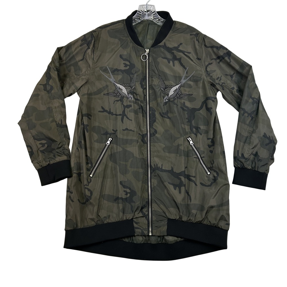 Rock &‎ Republic Bomber Jacket Womens Large Camo Embroidered Birds Zip Pockets
